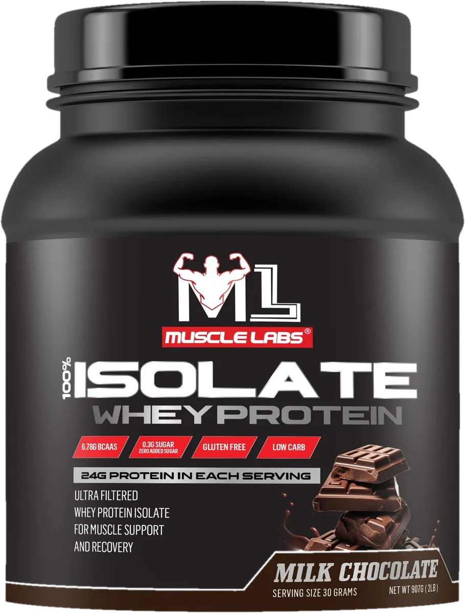 Muscle Labs 100% Isolate Whey Protein tub, Milk Chocolate flavour, 907 g