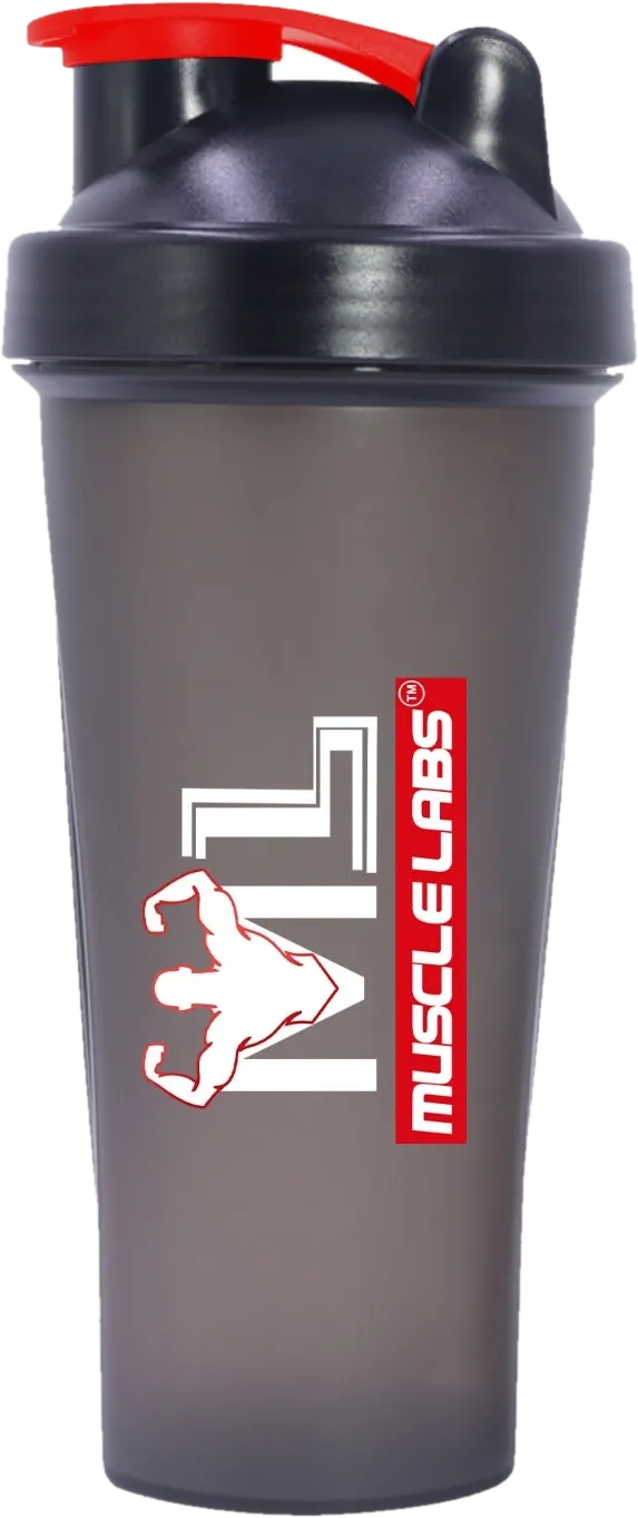 Muscle Labs shaker bottle, smoke grey body with black lid and red flip cap
